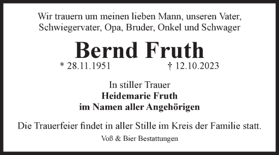 Traueranzeige von Bernd Fruth von Volksstimme Wernigerode