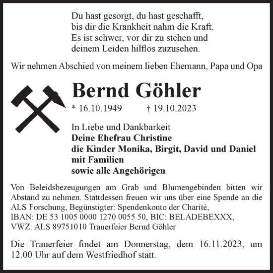 Traueranzeige von Bernd Göhler von Volksstimme Magdeburg