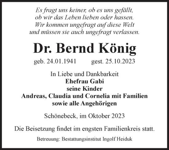 Traueranzeige von Bernd König von Volksstimme Schönebeck