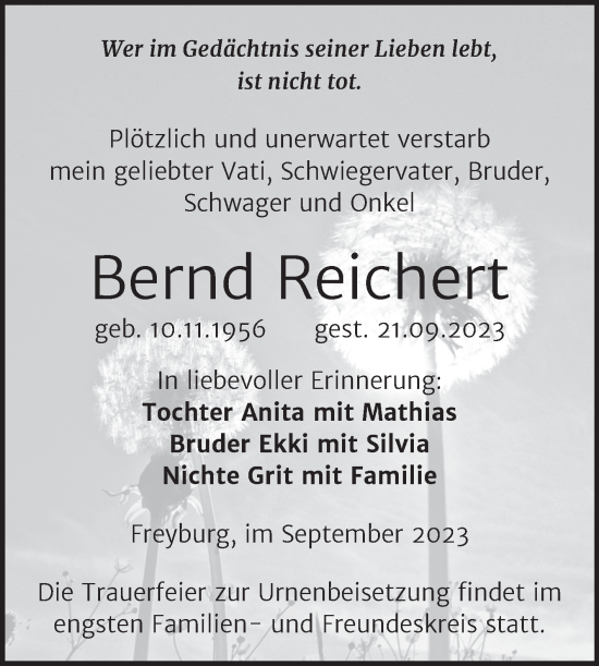 Traueranzeige von Bernd Reichert von Wochenspiegel Naumburg/Nebra