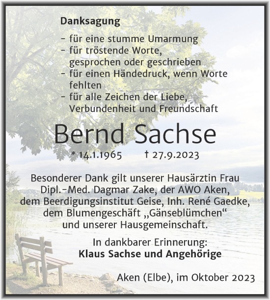 Traueranzeige von Bernd Sachse von Trauerkombi Köthen