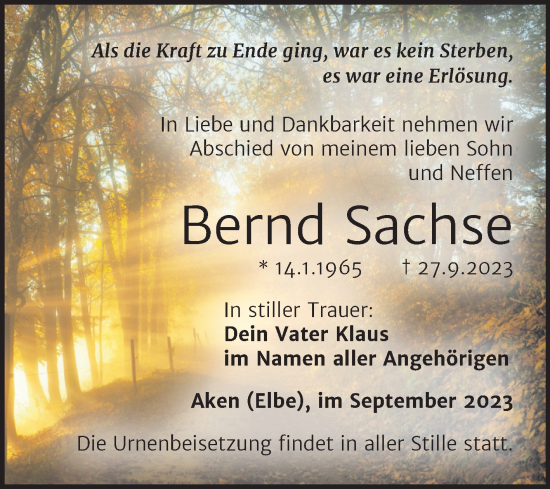 Traueranzeige von Bernd Sachse von Trauerkombi Köthen