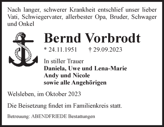Traueranzeige von Bernd Vorbrodt von Volksstimme Schönebeck