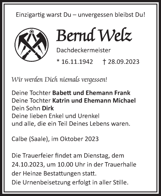 Traueranzeige von Bernd Welz von Volksstimme Schönebeck