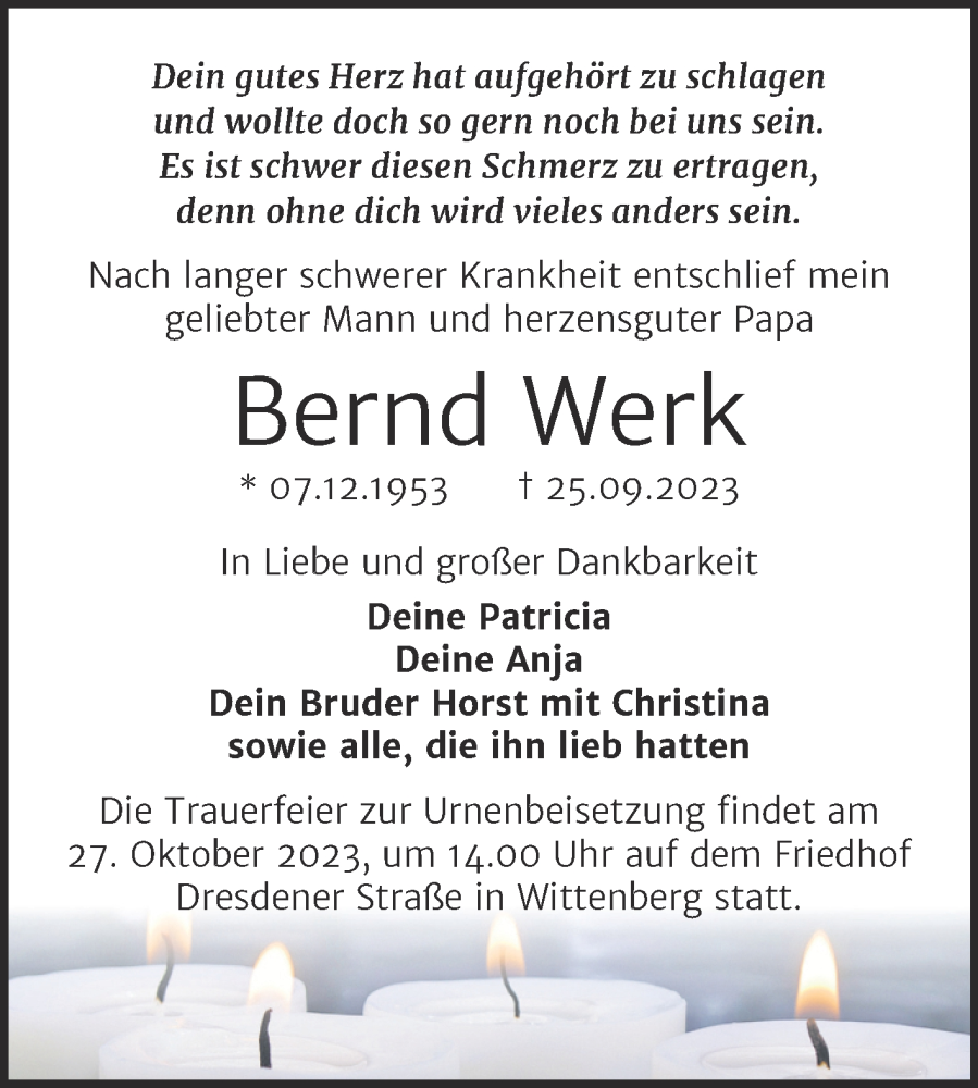  Traueranzeige für Bernd Werk vom 07.10.2023 aus Trauerkombi Wittenberg