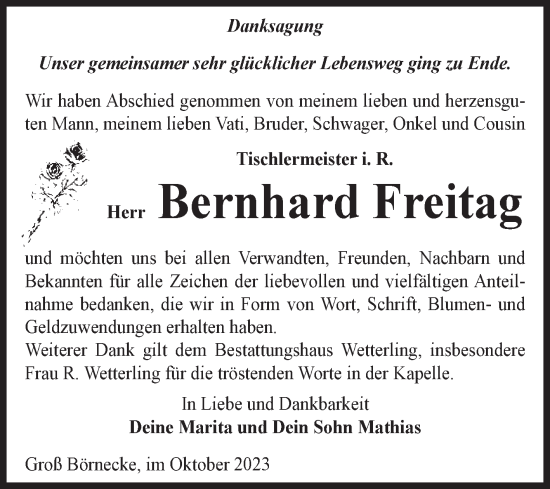Traueranzeige von Bernhard Freitag von Volksstimme Staßfurt