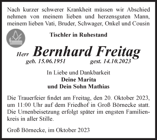 Traueranzeige von Bernhard Freitag von Volksstimme Staßfurt