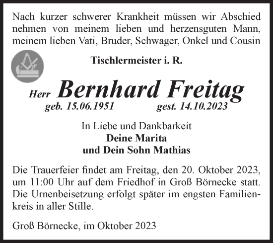 Traueranzeige von Bernhard Freitag von Volksstimme Staßfurt