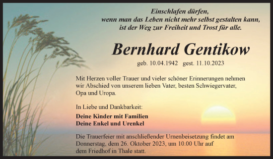 Traueranzeige von Bernhard Gentikow von Trauerkombi Quedlinburg