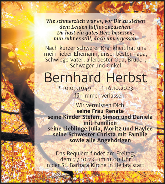 Traueranzeige von Bernhard Herbst von Mitteldeutsche Zeitung Mansfelder Land