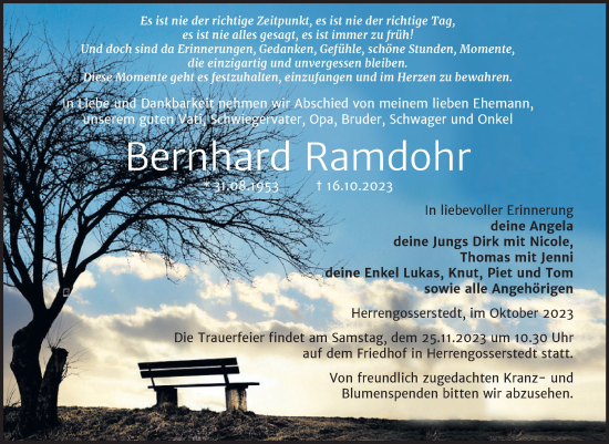 Traueranzeige von Bernhard Ramdohr von Wochenspiegel Naumburg/Nebra