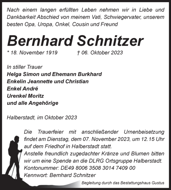 Traueranzeige von Bernhard Schnitzer von Volksstimme Halberstadt