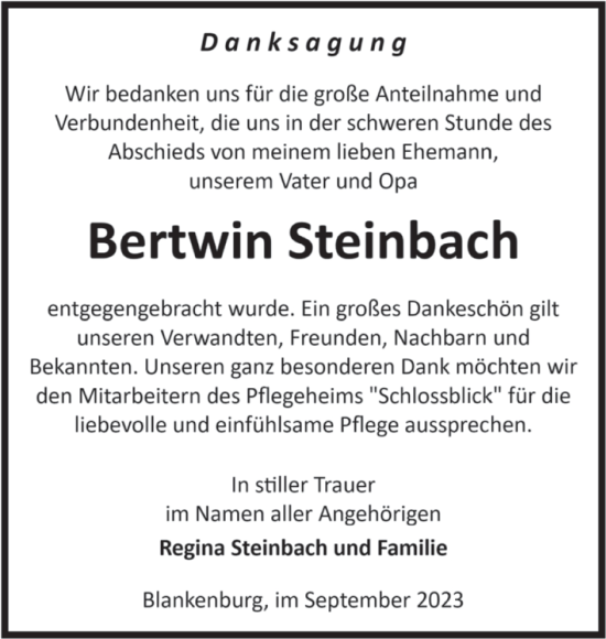 Traueranzeige von Bertwin Steinbach von Volksstimme Wernigerode