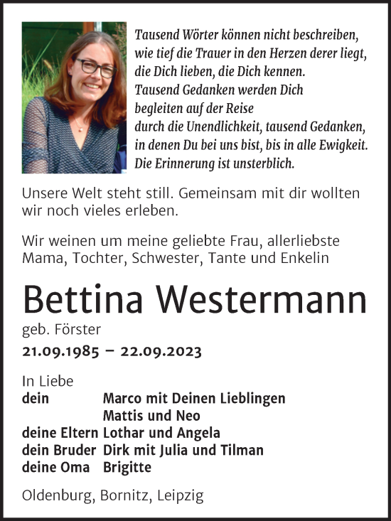 Traueranzeige von Bettina Westermann von Trauerkombi Zeitz