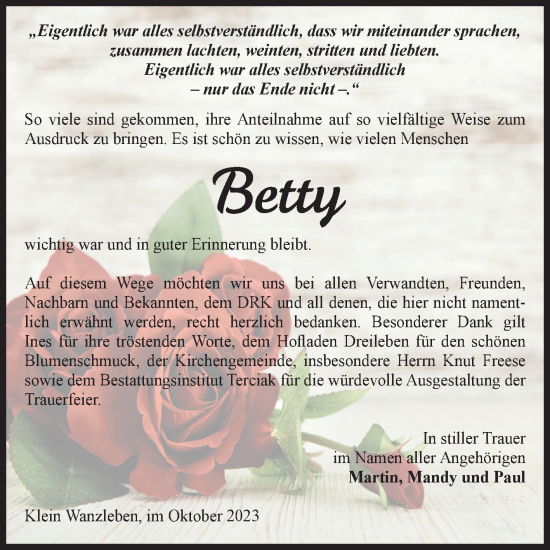 Traueranzeige von Betty  von Volksstimme Oschersleben/Wanzleben