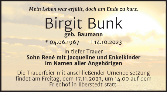 Traueranzeige von Birgit Bunk von Trauerkombi Bernburg