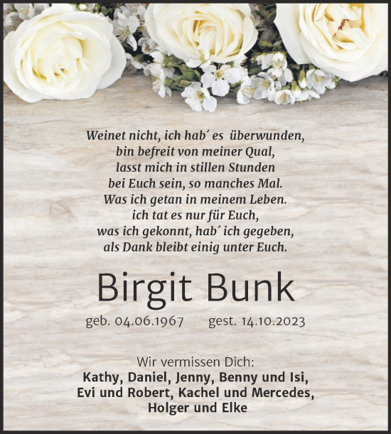 Traueranzeige von Birgit Bunk von Trauerkombi Bernburg
