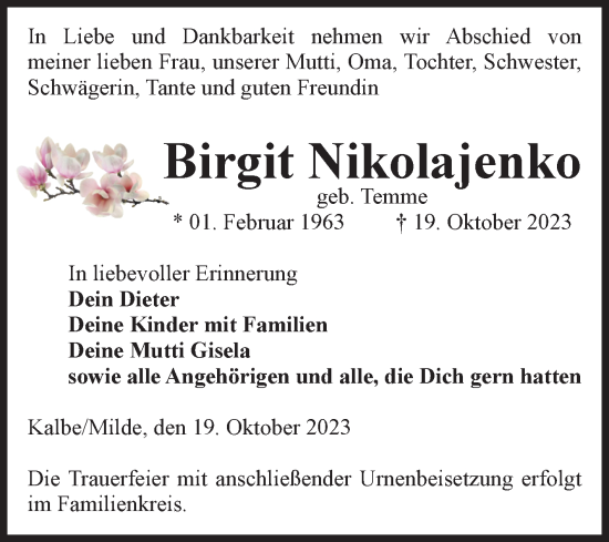 Traueranzeige von Birgit Nikolajenko von Volksstimme Altmark West