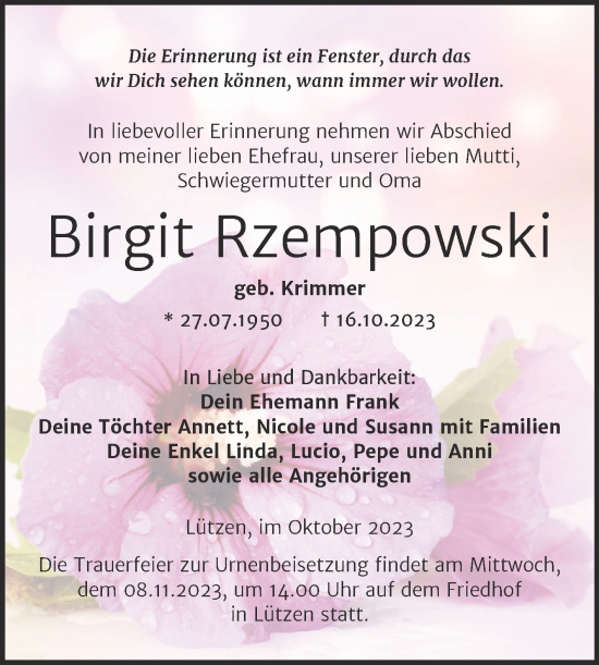 Traueranzeige von Birgit Rzempowski von Trauerkombi Weißenfels
