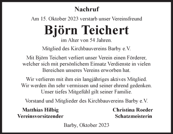 Traueranzeige von Björn Teichert von Volksstimme Schönebeck