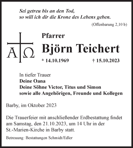 Traueranzeige von Björn Teichert von Volksstimme Schönebeck