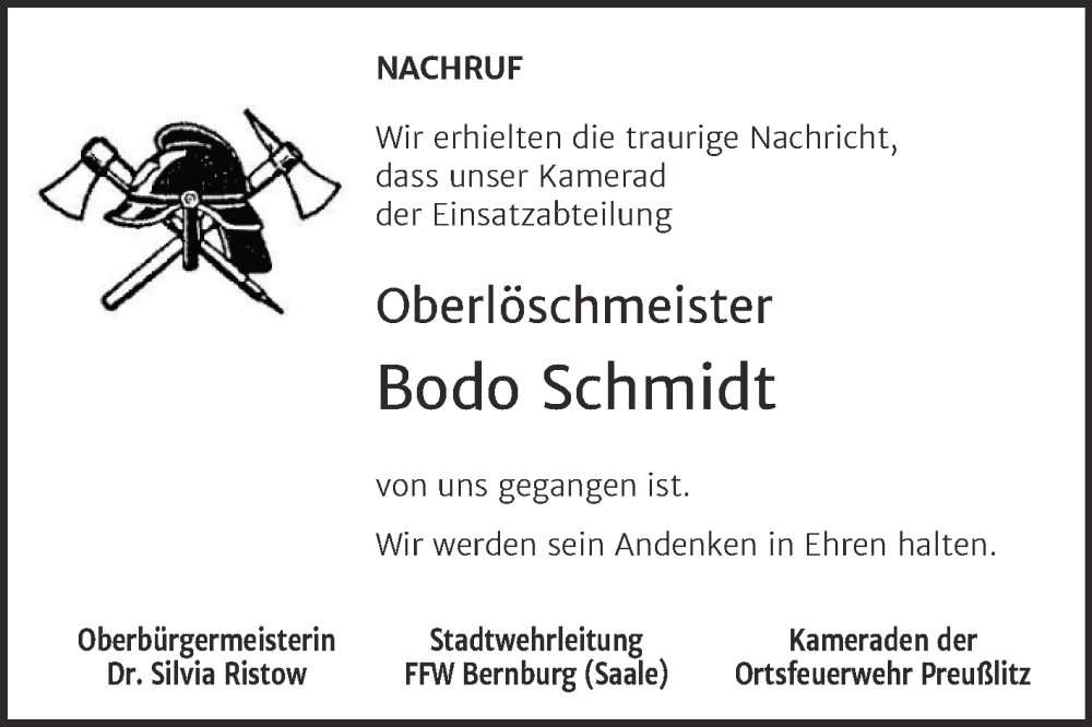  Traueranzeige für Bodo Schmidt vom 07.10.2023 aus Super Sonntag Bernburg