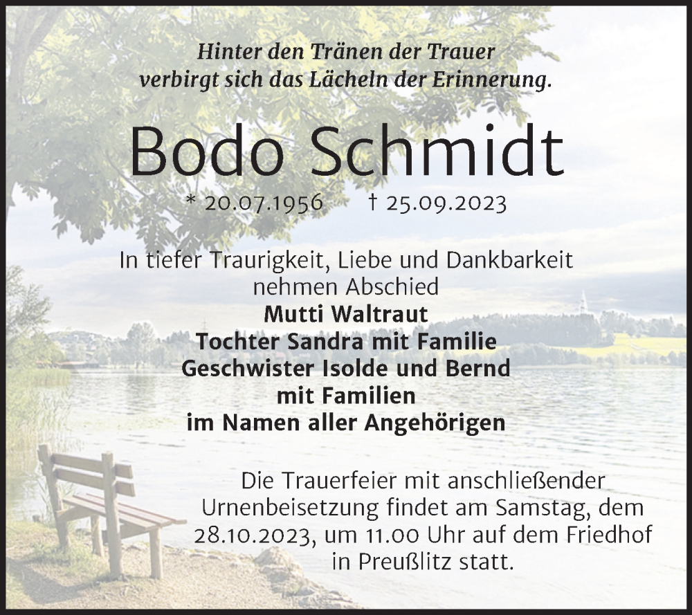  Traueranzeige für Bodo Schmidt vom 07.10.2023 aus Trauerkombi Bernburg