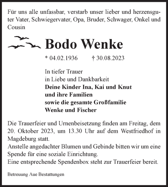 Traueranzeige von Bodo Wenke von Volksstimme Magdeburg