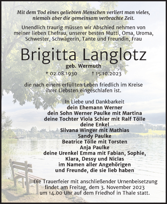 Traueranzeige von Brigitta Langlotz von Trauerkombi Quedlinburg