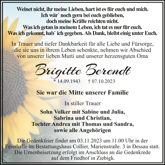 Traueranzeige von Brigitte Berendt von Trauerkombi Dessau