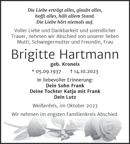 Traueranzeige von Brigitte Hartmann von Trauerkombi Weißenfels