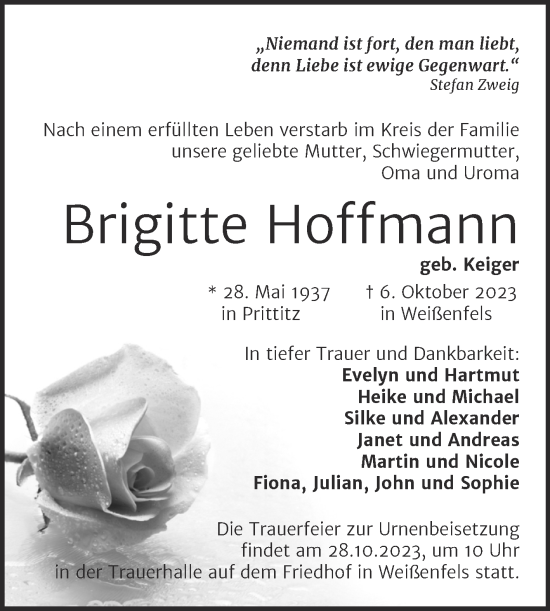 Traueranzeige von Brigitte Hoffmann von Trauerkombi Weißenfels