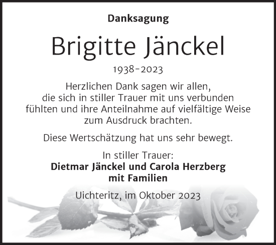 Traueranzeige von Brigitte Jänckel von Trauerkombi Weißenfels
