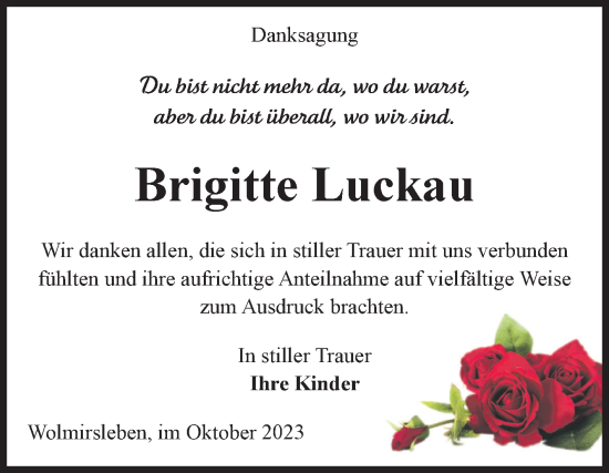 Traueranzeige von Brigitte Luckau von Volksstimme Staßfurt