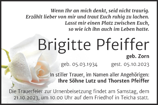 Traueranzeige von Brigitte Pfeiffer von Mitteldeutsche Zeitung Halle/Saalkreis