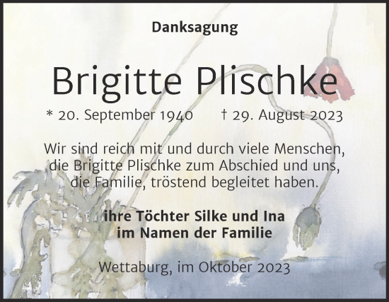 Traueranzeige von Brigitte Plischke von Mitteldeutsche Zeitung Bitterfeld