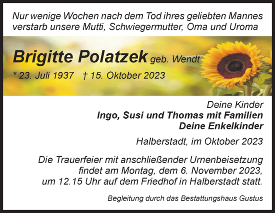Traueranzeige von Brigitte Polatzek von Volksstimme Halberstadt