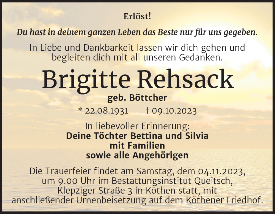 Traueranzeige von Brigitte Rehsack von Trauerkombi Köthen
