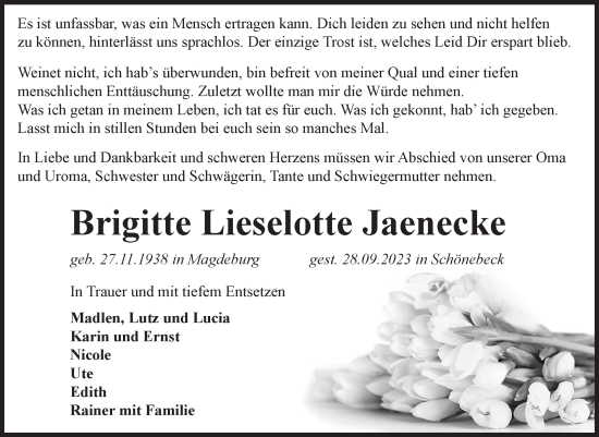 Traueranzeige von Brigitte Lieselotte Jaenecke von Volksstimme Staßfurt