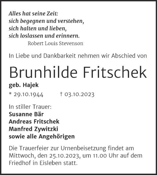 Traueranzeige von Brunhilde Fritschek von Trauerkombi Mansfelder Land