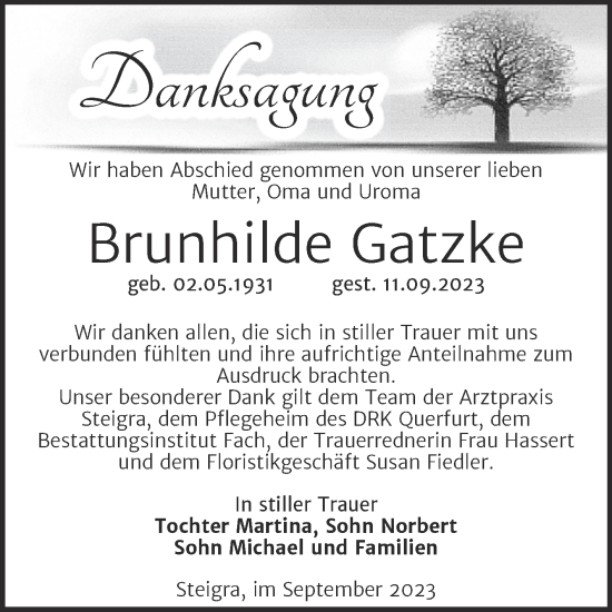 Traueranzeige von Brunhilde Gatzke von Trauerkombi Merseburg
