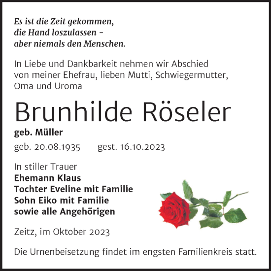 Traueranzeige von Brunhilde Röseler von Trauerkombi Zeitz