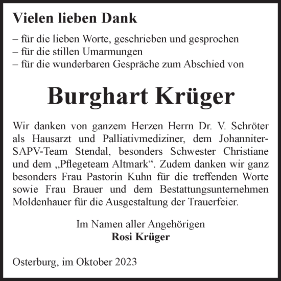 Traueranzeige von Burghart Krüger von Volksstimme Altmark Ost
