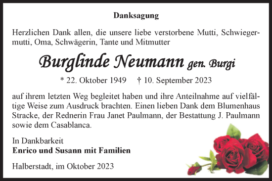 Traueranzeige von Burglinde Neumann von Volksstimme Halberstadt