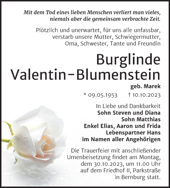 Traueranzeige von Burglinde Valentin-Blumenstein von Trauerkombi Bernburg