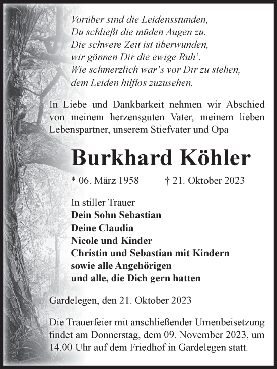 Traueranzeige von Burkhard Köhler von Volksstimme Altmark West