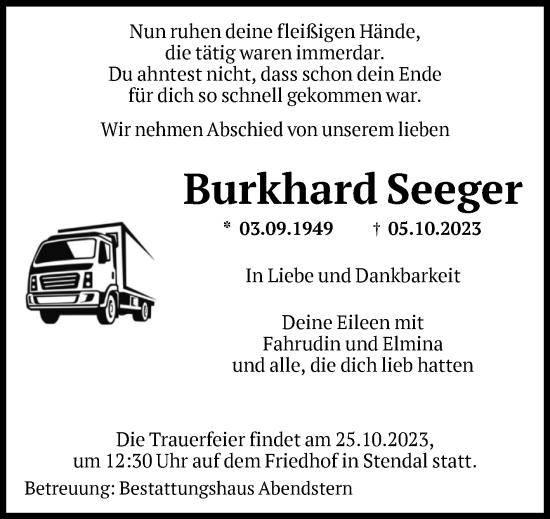 Traueranzeige von Burkhard Seeger von Volksstimme Altmark Ost