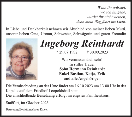 Traueranzeige von Ingeborg Reinhardt von Volksstimme Staßfurt