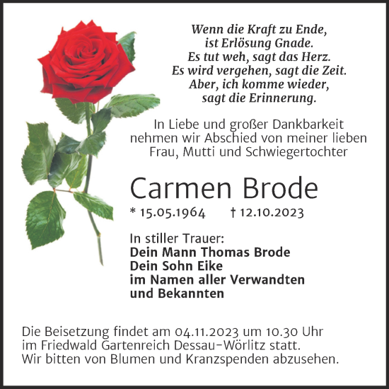 Traueranzeige von Carmen Brode von Trauerkombi Bitterfeld