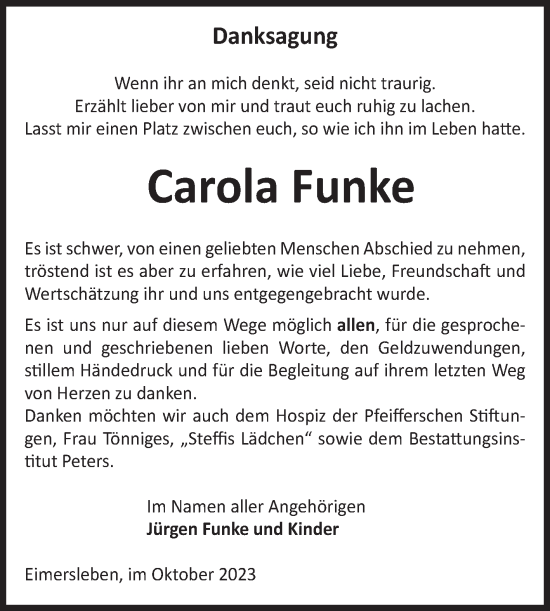 Traueranzeige von Carola Funke von Volksstimme Haldensleben/Wolmirstedt